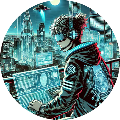 Gamer oder Hacker mit VR-Brille vor futuristischer Stadt und digitalen Screens