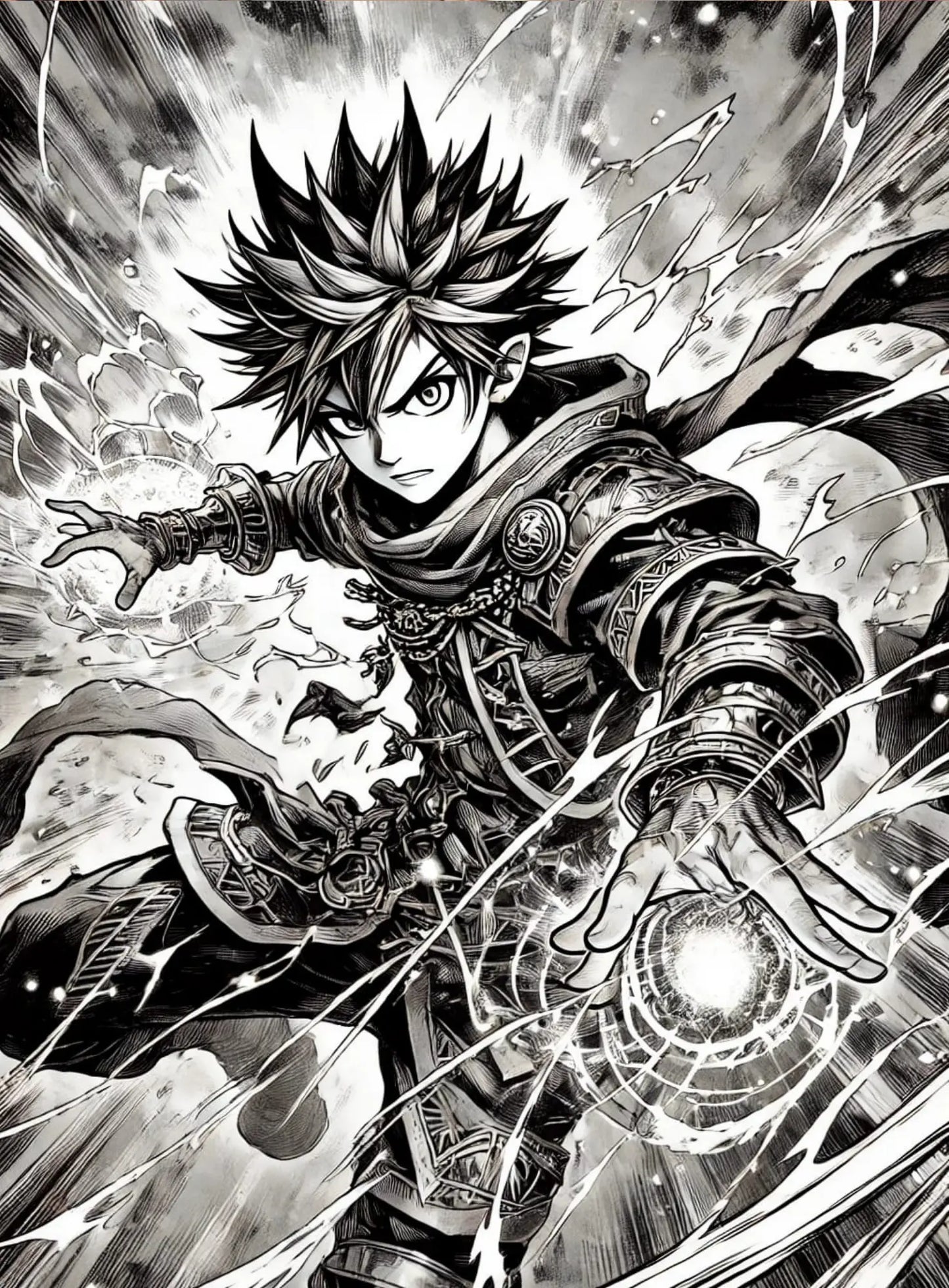 Kämpferischer Manga-Held mit Energie-Aura:
Ein männlicher Protagonist in typischer Shonen-Pose mit energischem Gesichtsausdruck und einer Lichtkugel in der Hand – Schwarz-Weiß mit starkem Kontrast.