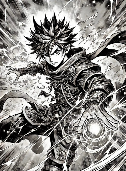Kämpferischer Manga-Held mit Energie-Aura:
Ein männlicher Protagonist in typischer Shonen-Pose mit energischem Gesichtsausdruck und einer Lichtkugel in der Hand – Schwarz-Weiß mit starkem Kontrast.