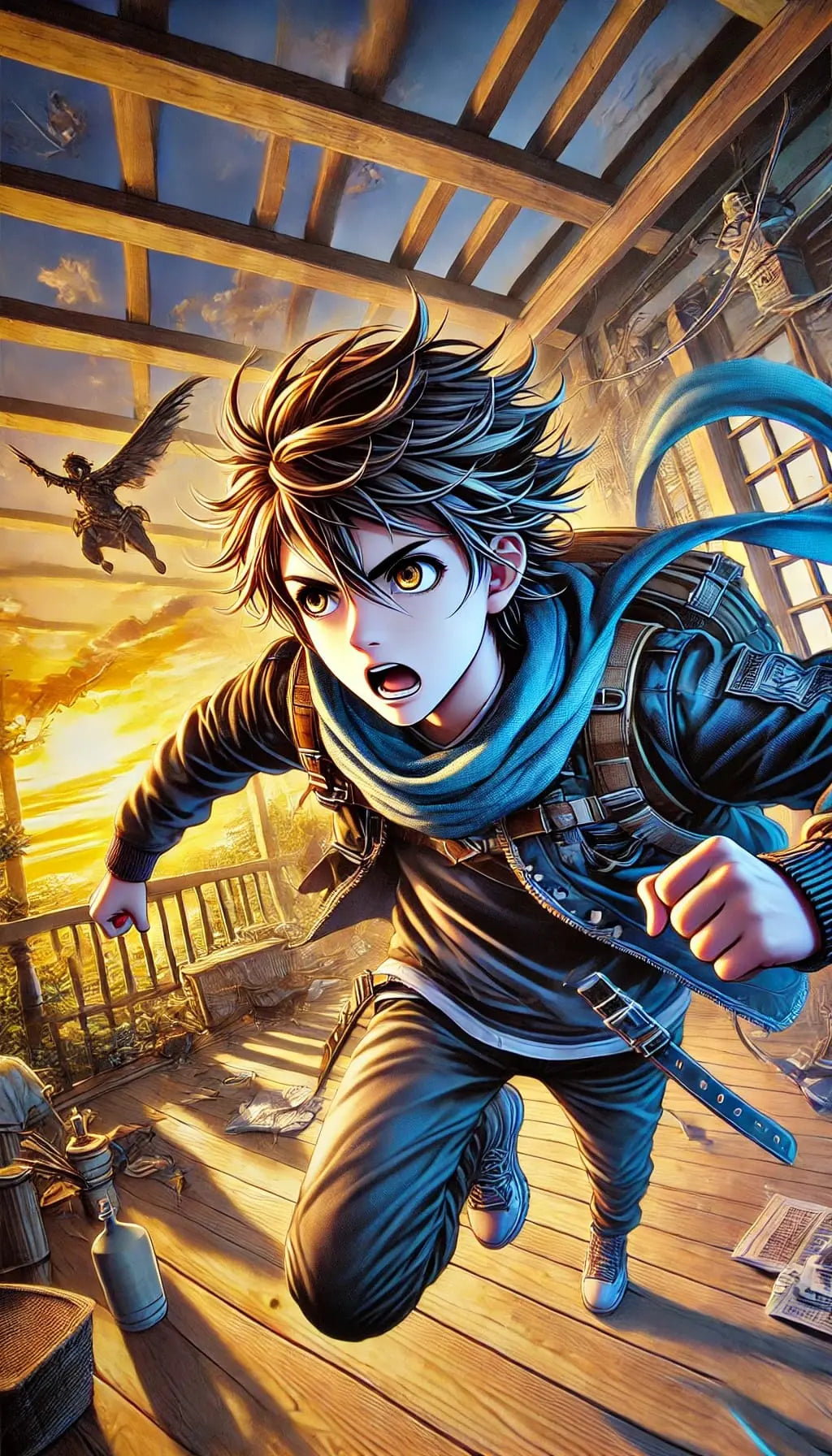 Dramatischer Manga-Junge auf einer Holztreppe mit Schwert in der Hand.