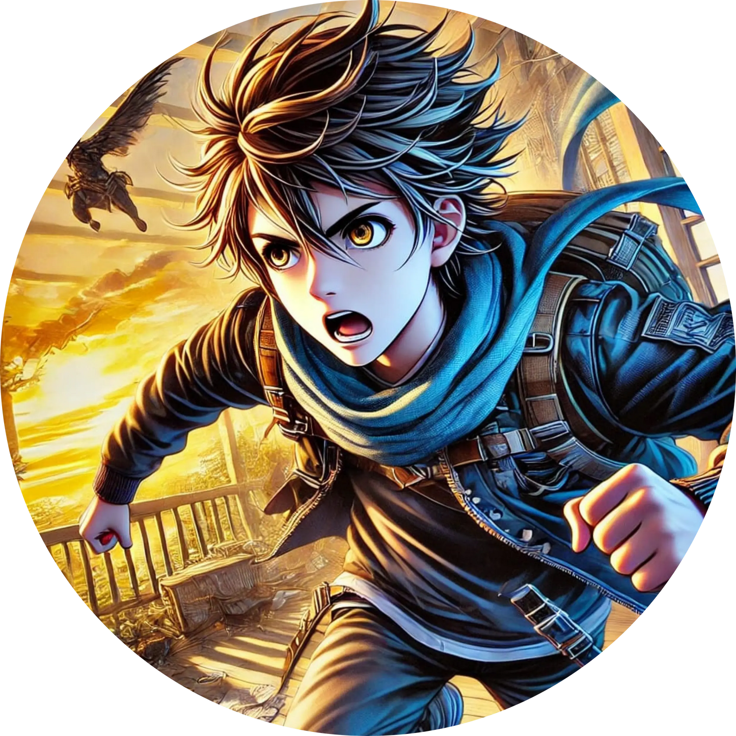 Manga-Kämpfer in Actionpose mit intensiver Mimik und Bewegung
