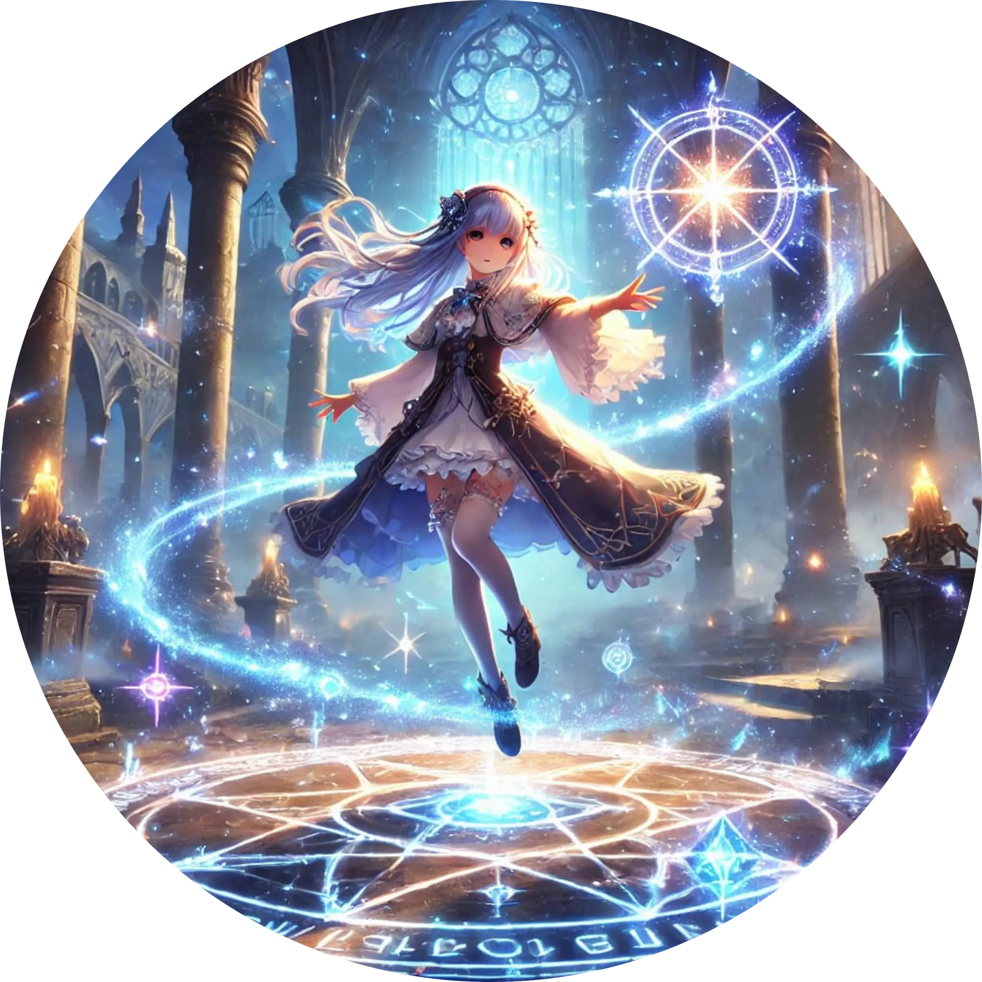 Magisches Mädchen im Zauberkreis mit leuchtenden Effekten in dunkler Halle
