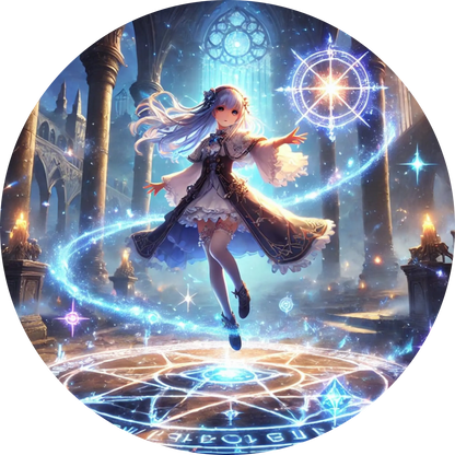 Magisches Mädchen im Zauberkreis mit leuchtenden Effekten in dunkler Halle
