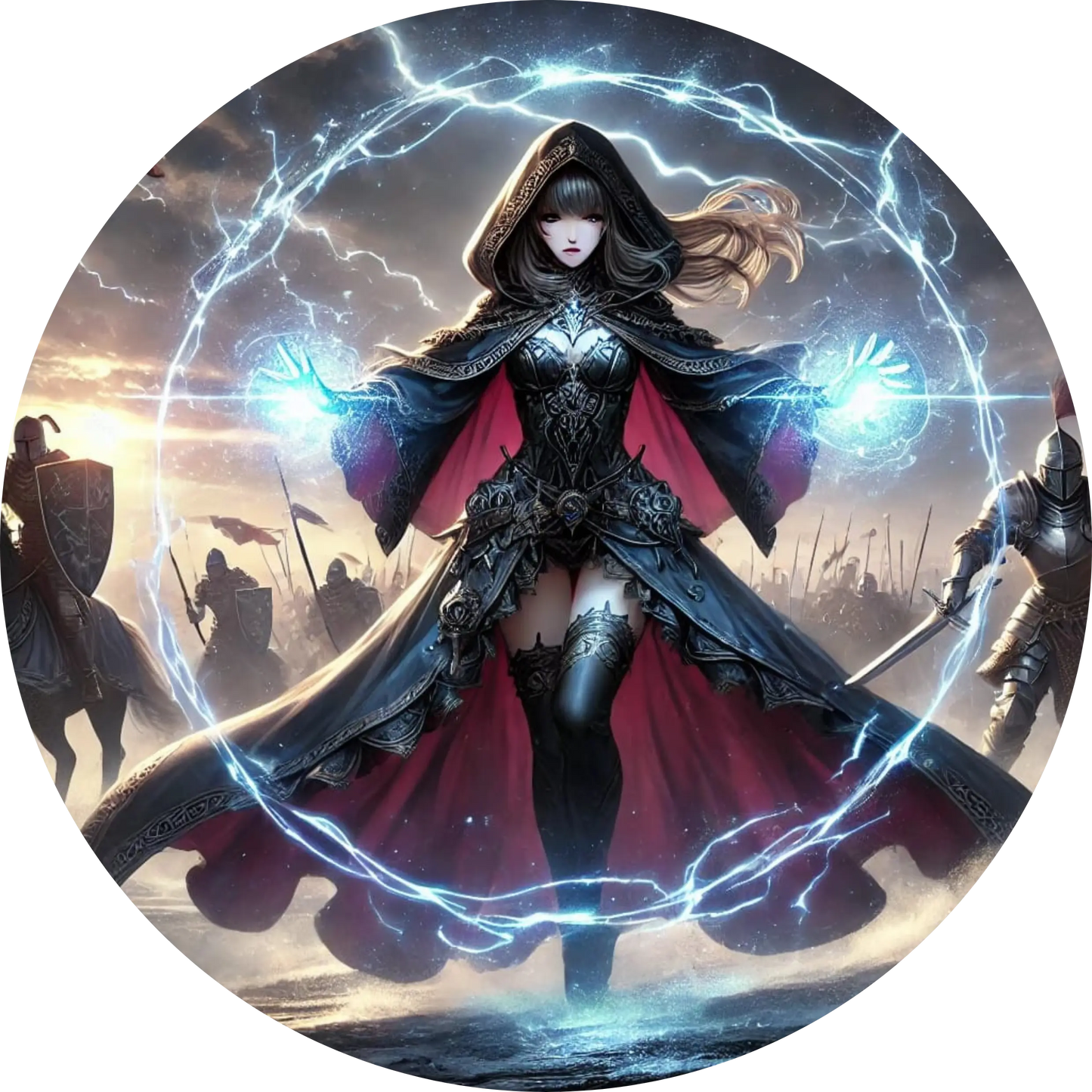 Mächtige Magierin im Umhang wirbelt mit Zauberstab in epischem Fantasy-Kampf
