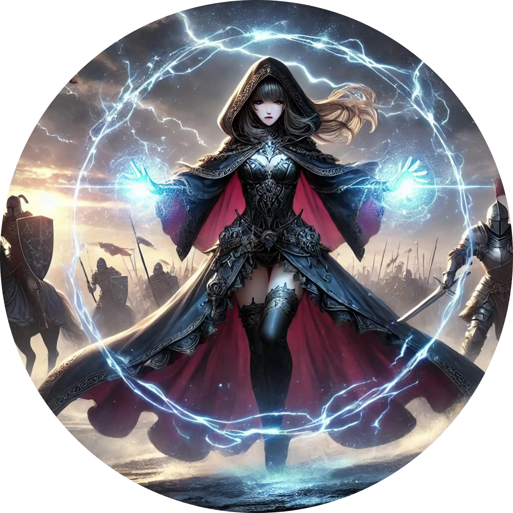 Mächtige Magierin im Umhang wirbelt mit Zauberstab in epischem Fantasy-Kampf
