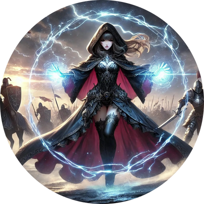 Mächtige Magierin im Umhang wirbelt mit Zauberstab in epischem Fantasy-Kampf
