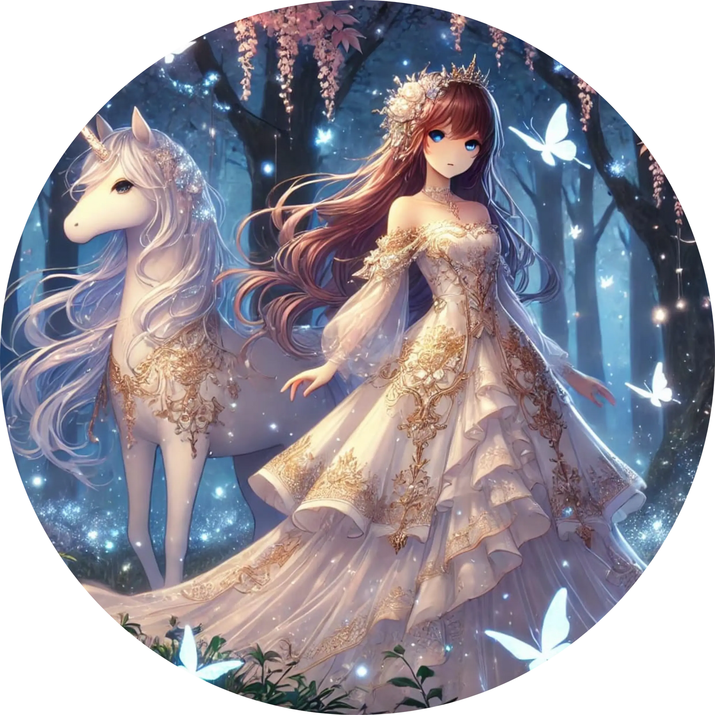 Fantasie-Szene mit Prinzessin und weißem Einhorn im verschneiten Wald