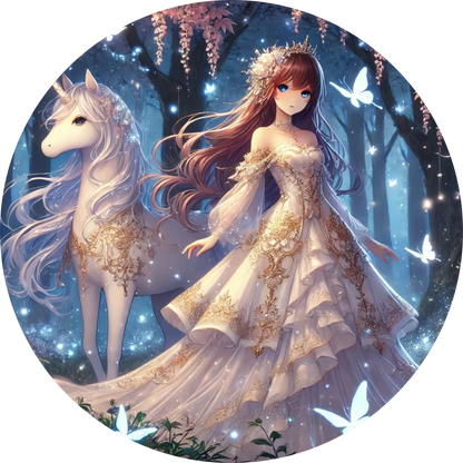 Fantasie-Szene mit Prinzessin und weißem Einhorn im verschneiten Wald