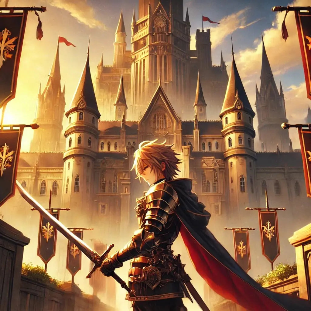 Ein junger Ritter blickt von einer mittelalterlichen Burgmauer in die Ferne.