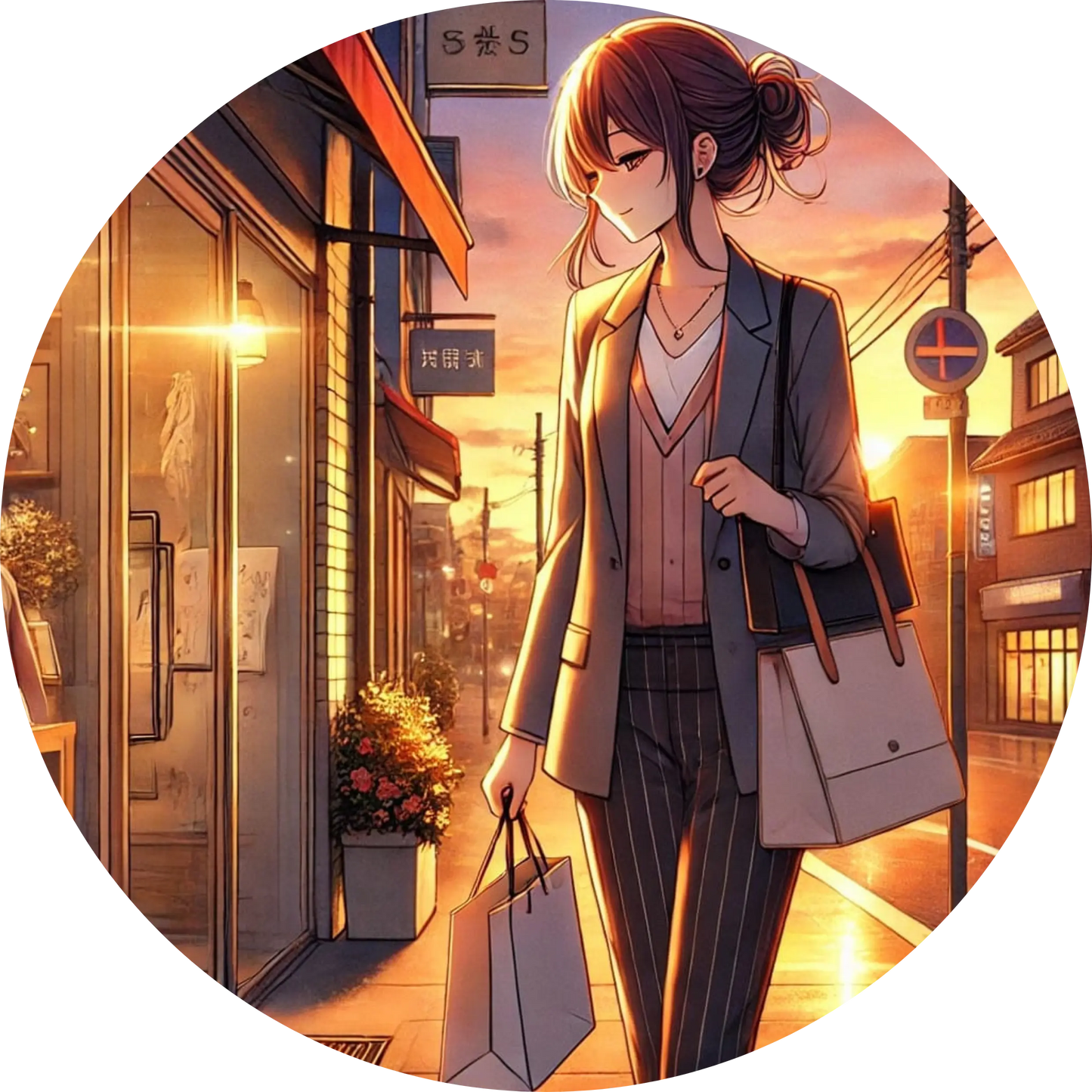 Manga-Schülerin mit Tasche vor japanischer Gasse bei Abendlicht