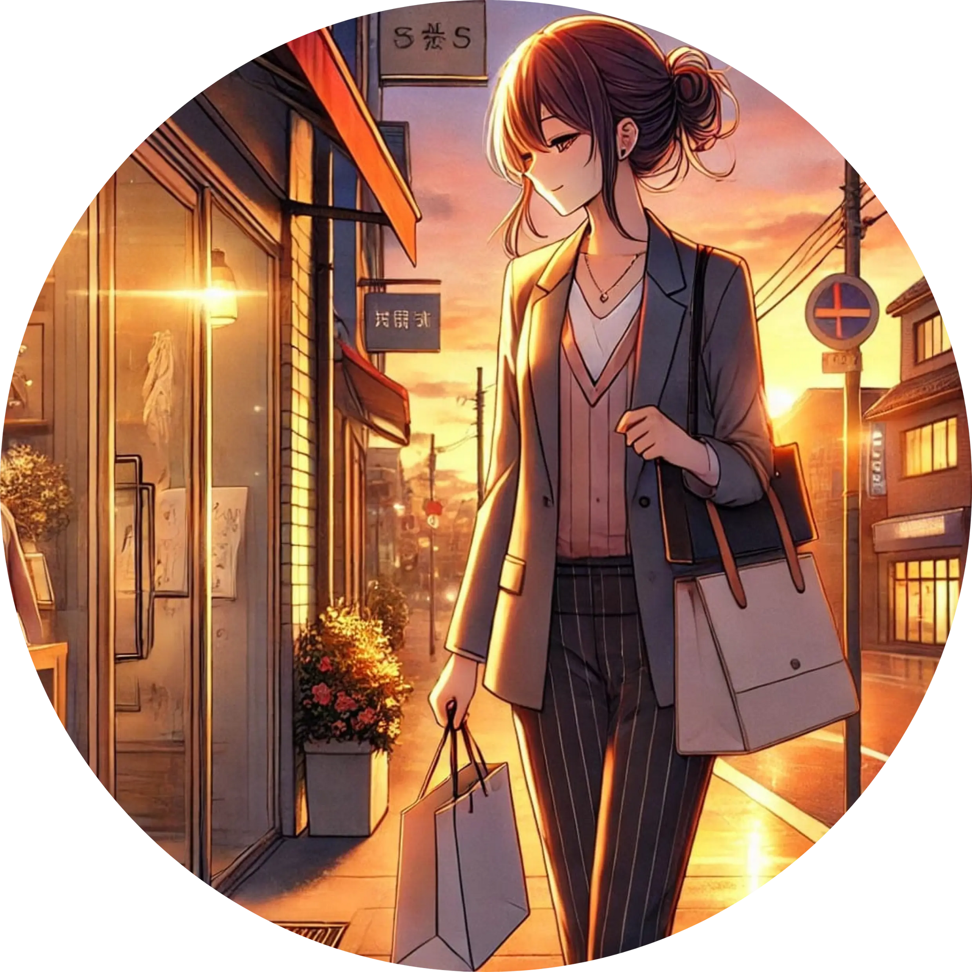 Manga-Schülerin mit Tasche vor japanischer Gasse bei Abendlicht