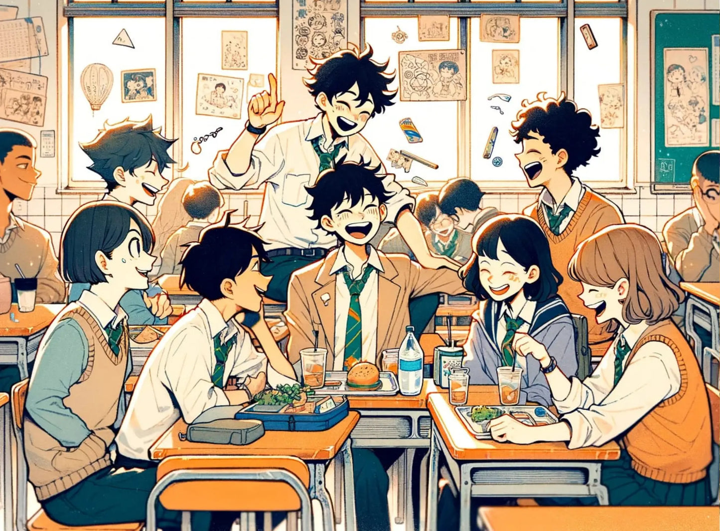 Manga-Schulklasse mit Schüler:innen im Unterricht, Szene im klassischen Zeichenstil.