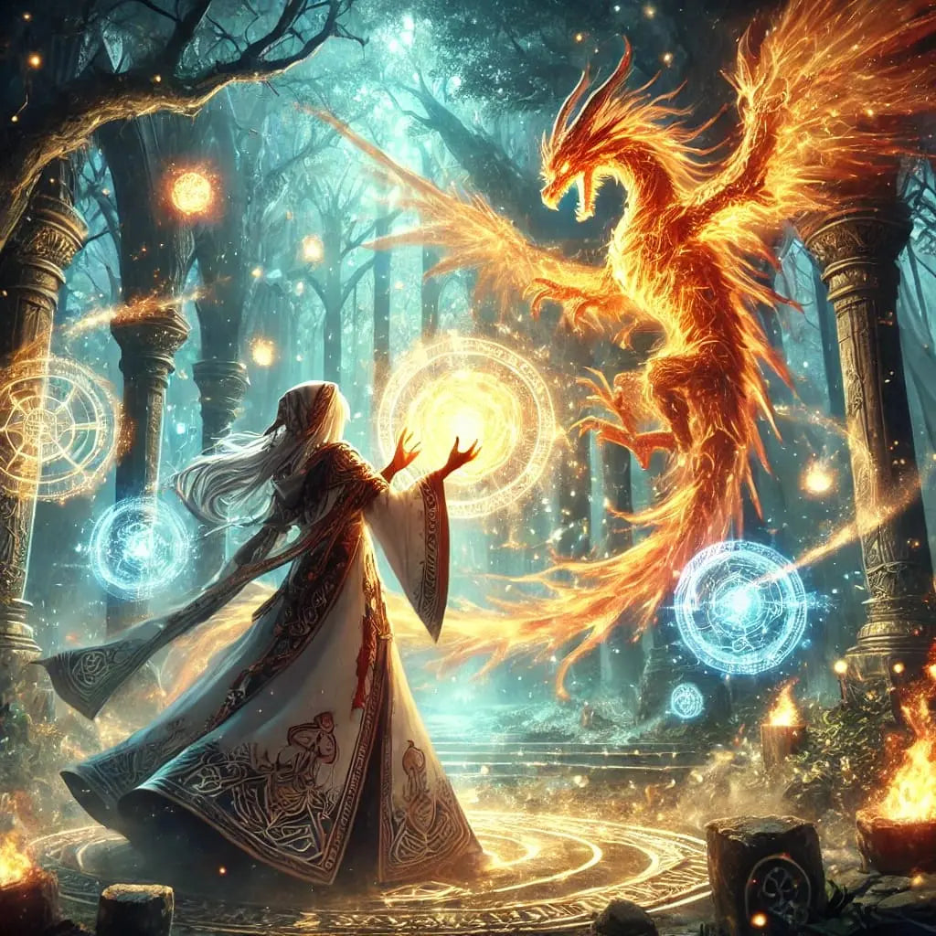 Magische Szene mit einer Manga-Zauberin, die einem Feuer-Phönix gegenübersteht.