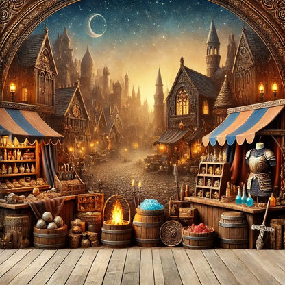 Abendlicher Mittelaltermarkt mit Holzständen und Laternenlicht – historische Kulisse mit Türmen und Fachwerkhäusern.