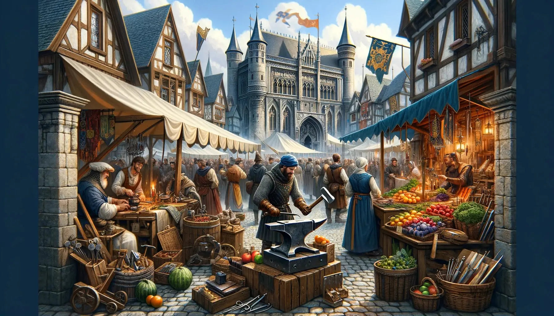 Lebendiger Mittelaltermarkt mit Händlern, Handwerkern und Fachwerkhäusern – im Hintergrund ragen die Türme einer Stadt auf