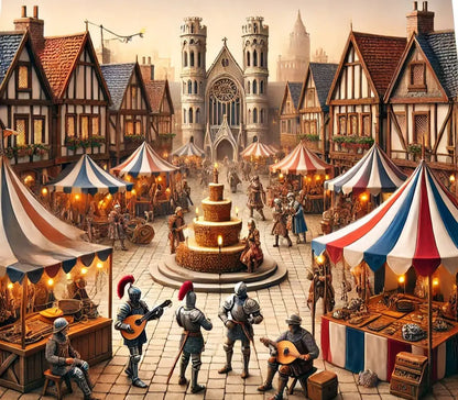 Belebter mittelalterlicher Marktplatz mit Musikanten, bunten Marktständen und feierlicher Atmosphäre.