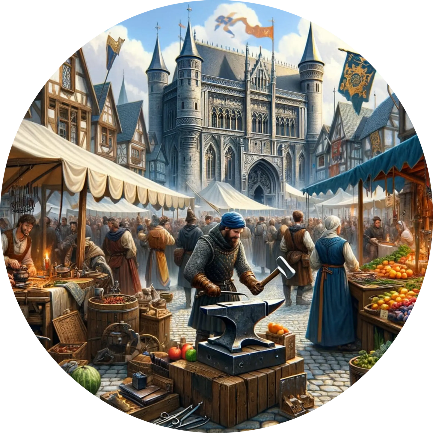 Mittelalterlicher Marktplatz mit Handwerkern, Marktständen und Besuchern.