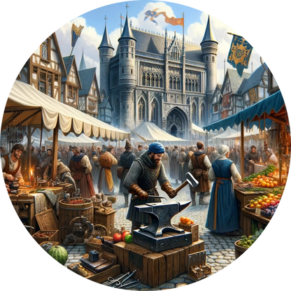 Mittelalterlicher Marktplatz mit Handwerkern, Marktständen und Besuchern.