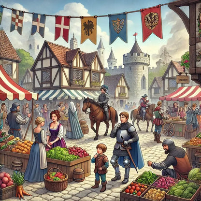 Marktplatz mit Rittern, Gauklern und Kindern – mittelalterliche Szene