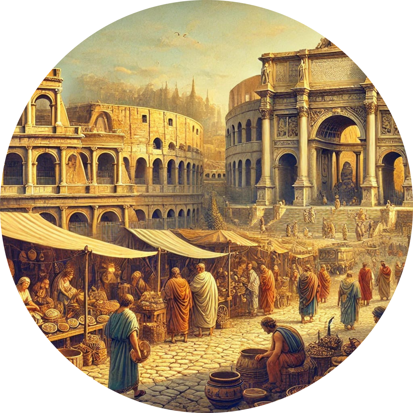 Lebendige Marktszene im antiken Rom mit Kolosseum im Hintergrund