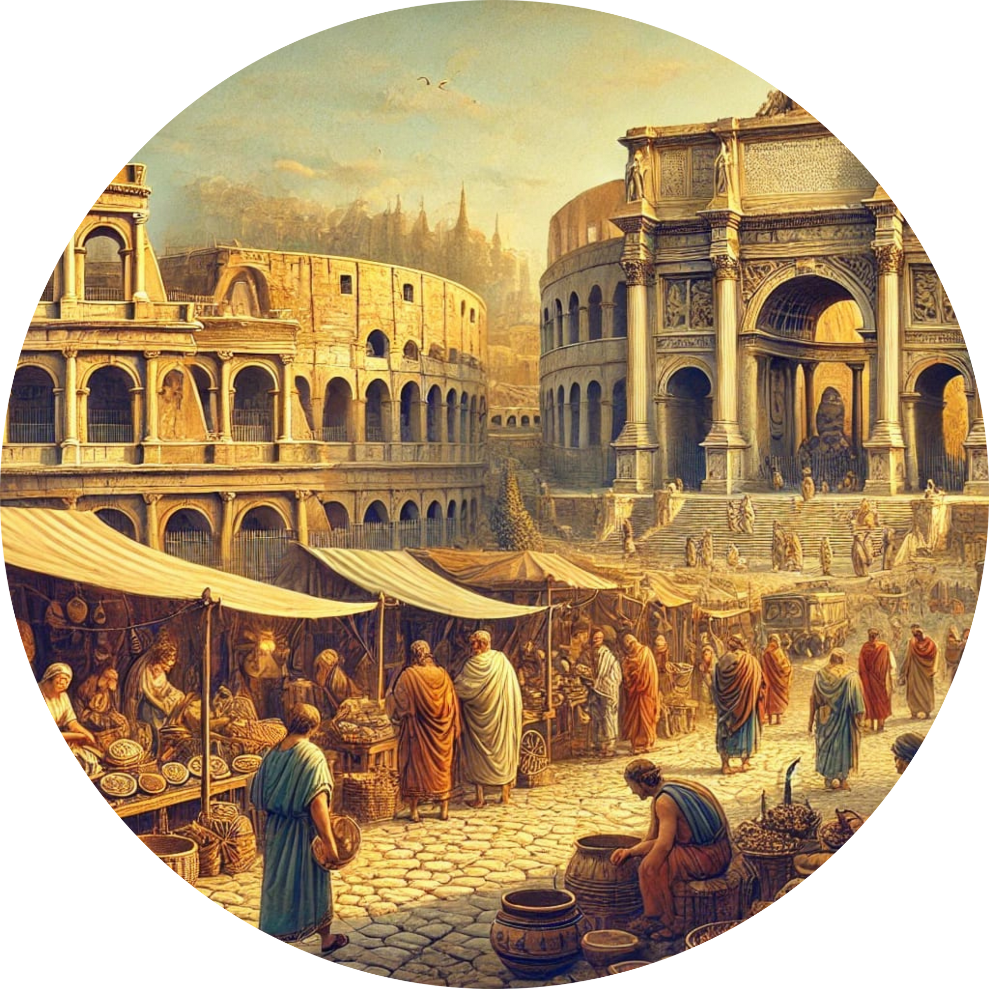 Lebendige Marktszene im antiken Rom mit Kolosseum im Hintergrund
