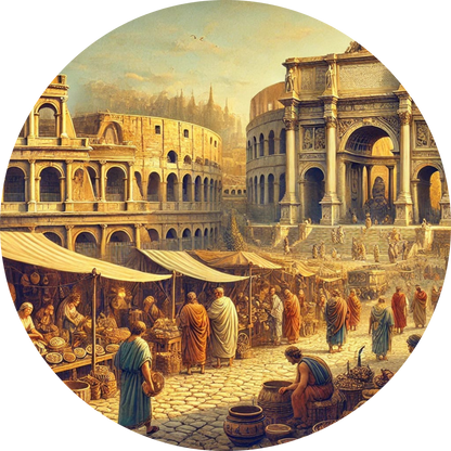 Lebendige Marktszene im antiken Rom mit Kolosseum im Hintergrund
