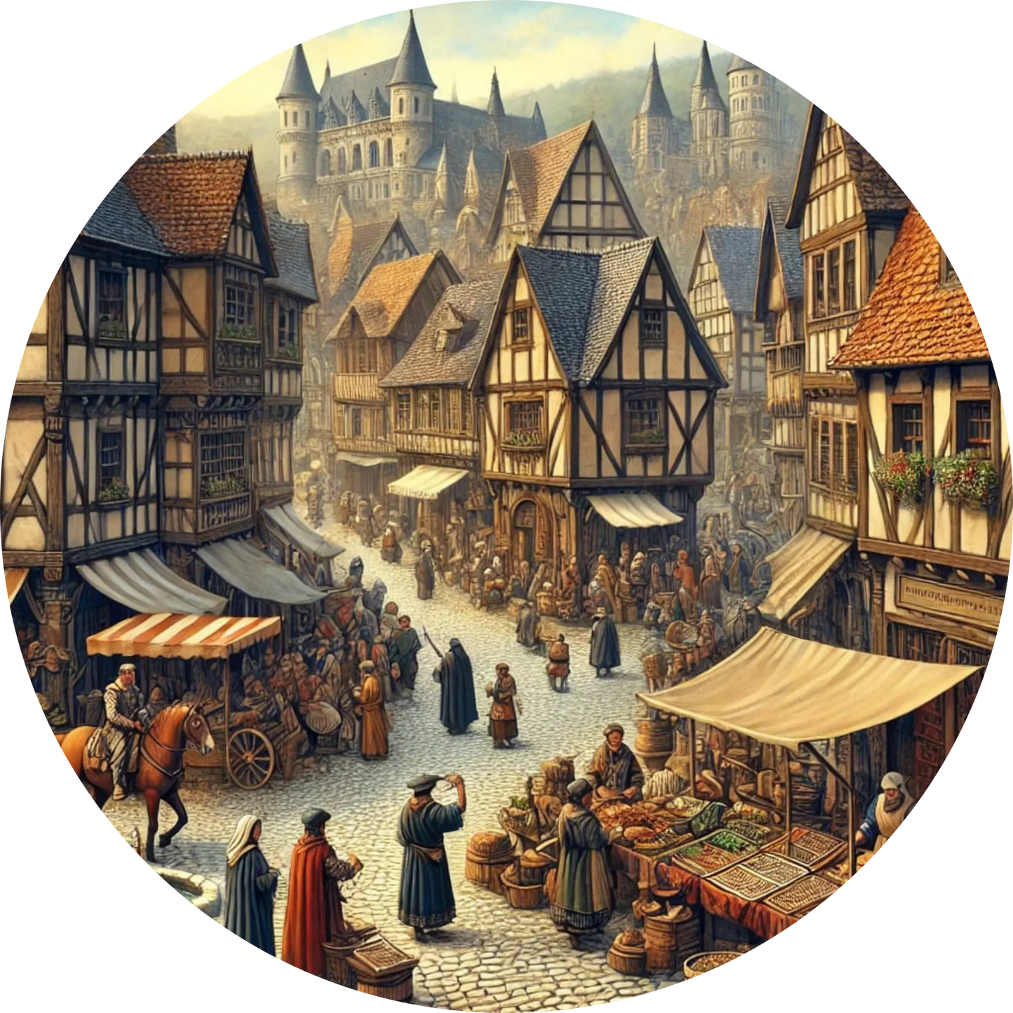 Lebendiges Markttreiben mit Gauklern, Handwerkern und Besuchern.