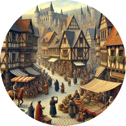 Lebendiges Markttreiben mit Gauklern, Handwerkern und Besuchern.