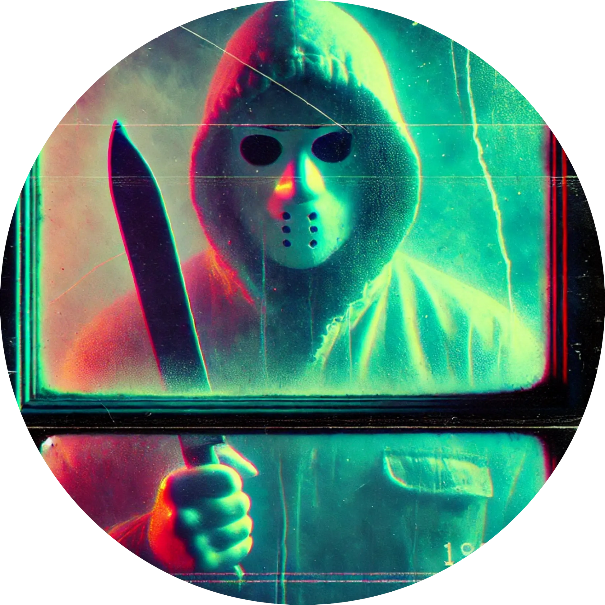 Maskierte Figur mit zwei Messern vor neonbunter Atmosphäre