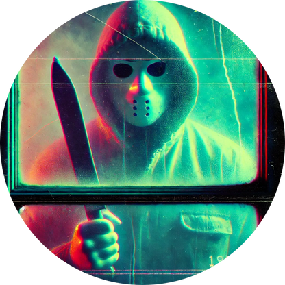 Maskierte Figur mit zwei Messern vor neonbunter Atmosphäre