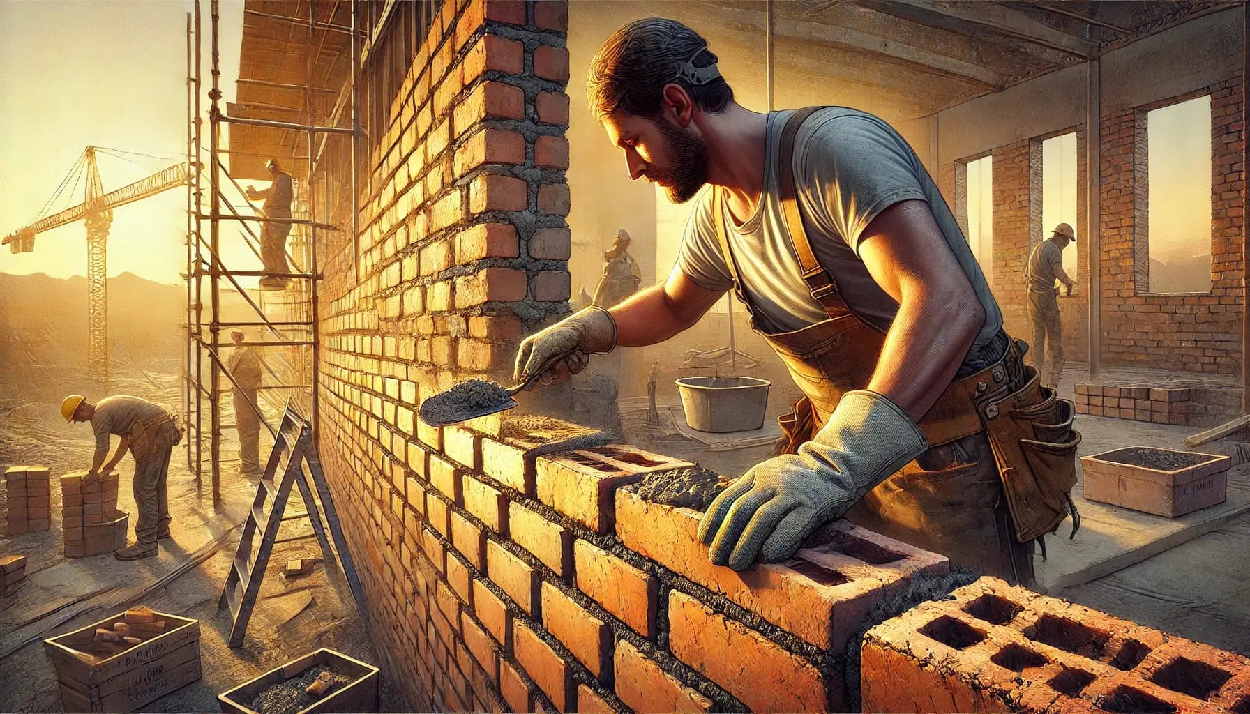 Maurer auf Baustelle
Essbarer Tortenaufleger im DIN A4 Format – Illustration eines Maurers beim Mauern einer Wand bei Sonnenuntergang, authentisch und handwerklich