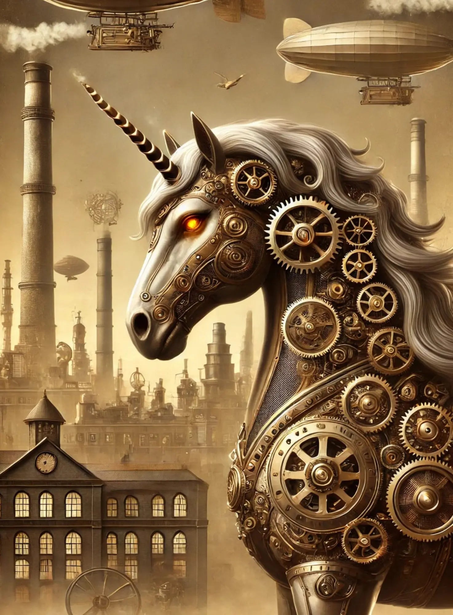 Mechanisches Einhorn in Messingfarben vor einer historischen Stadtkulisse – Steampunk-Stil mit Zahnrädern und Bronzeeffekt.