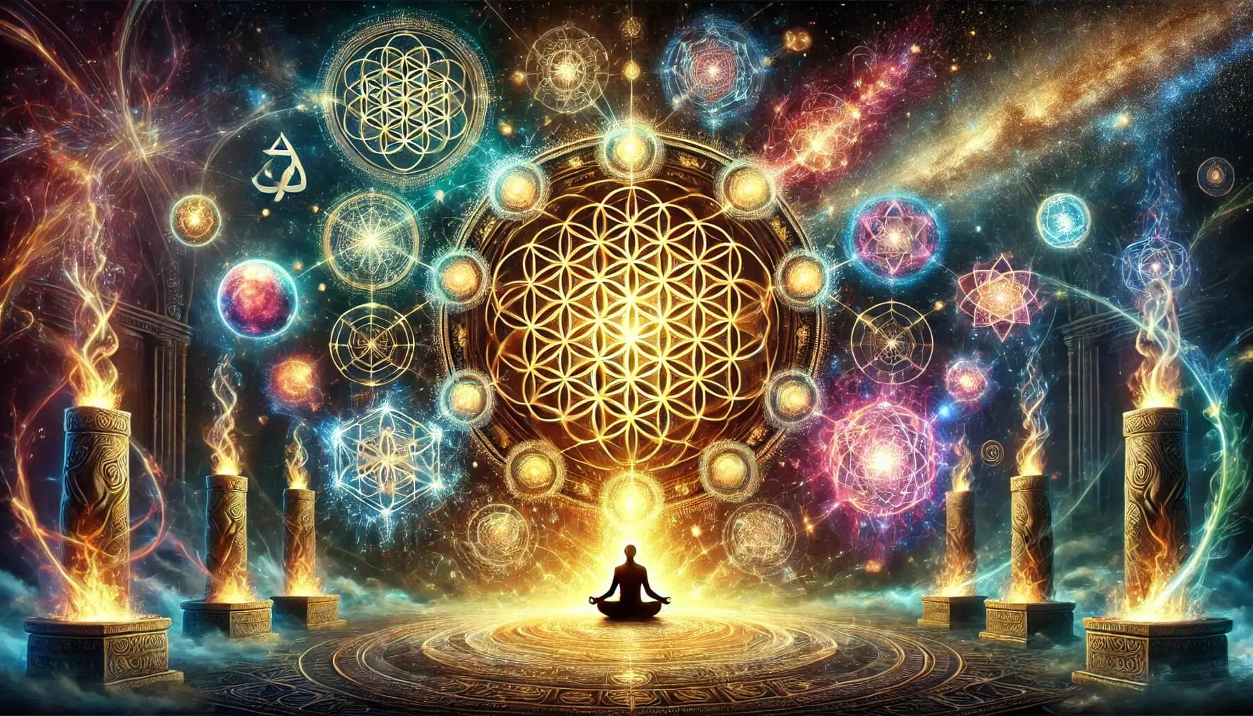 Meditation & Spiritualität:

Person in Meditationshaltung vor einem leuchtenden Mandala aus geometrischen Symbolen und Lichtenergie