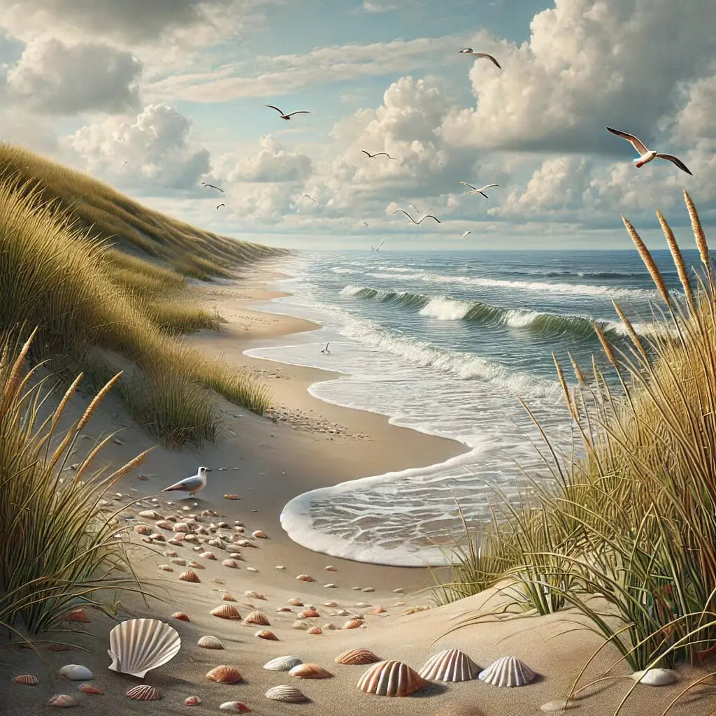 Sandige Küste mit windgeformten Dünen und Himmel