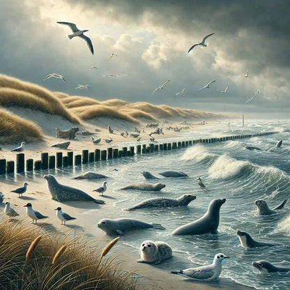 Nordsee mit Dünen, Möwen und vielen Seehunden. Graue Wolken ziehen am Himmel lang und das Meer wirkt aufgewühlt