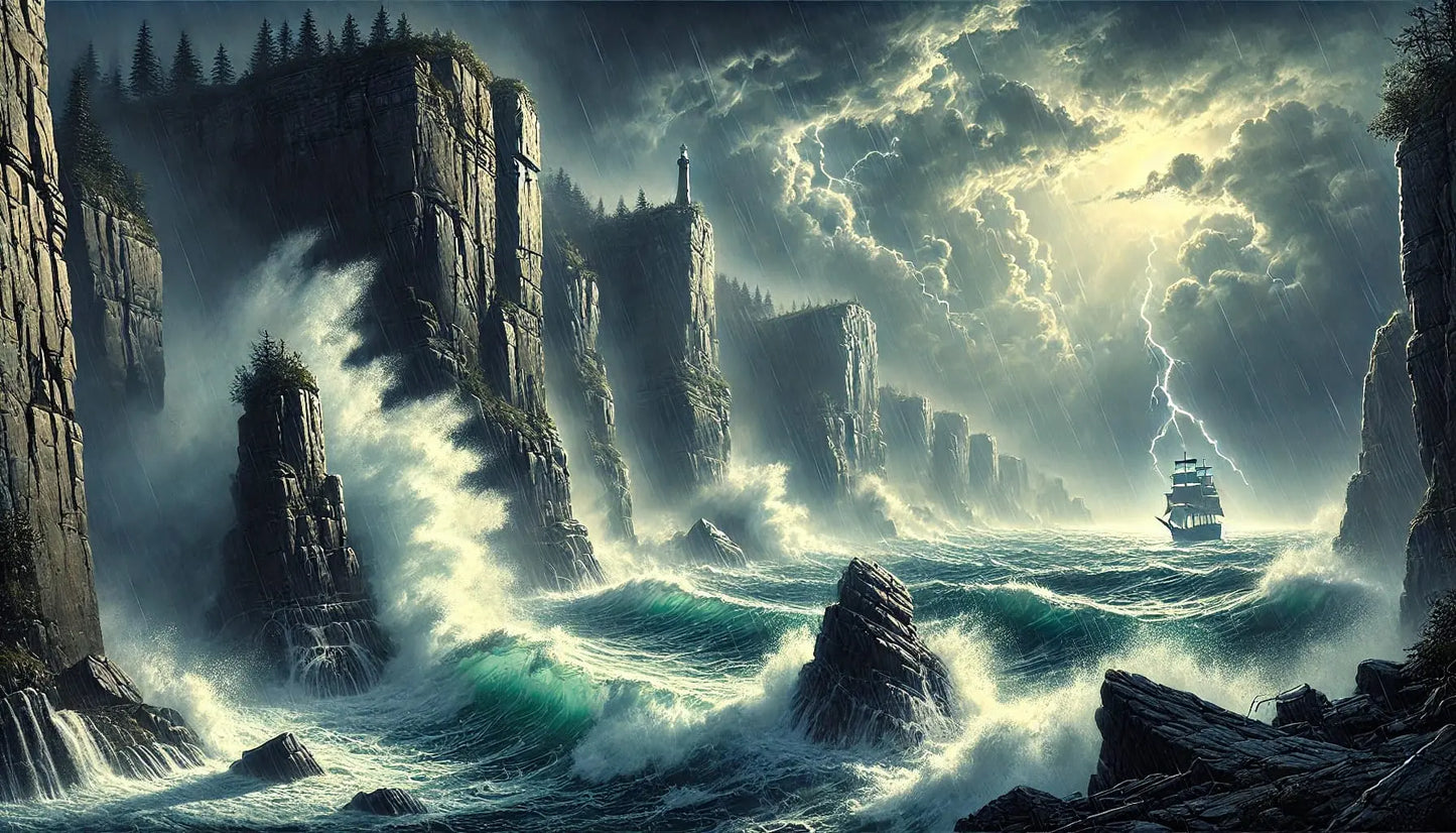 Sturmgepeitschtes Meer mit dunklem Himmel und hohen Wellen