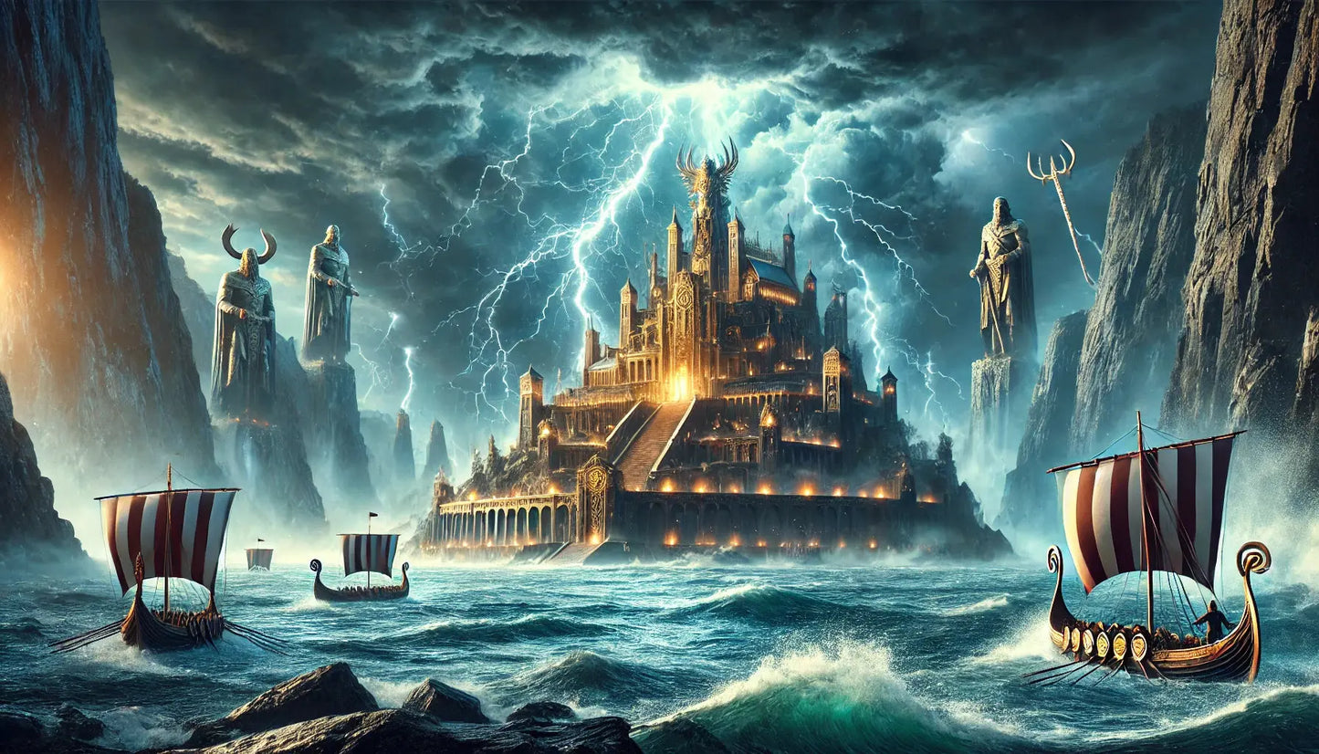 Majestätische Meeresfestung im Sturm mit Wikingerschiffen – Sinnbild für Standhaftigkeit, Mut und göttliche Macht.