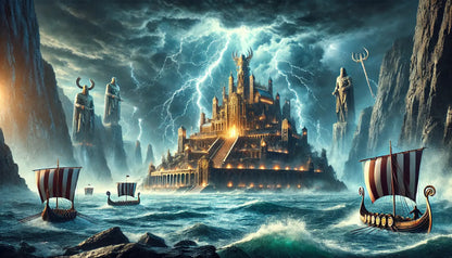 Majestätische Meeresfestung im Sturm mit Wikingerschiffen – Sinnbild für Standhaftigkeit, Mut und göttliche Macht.