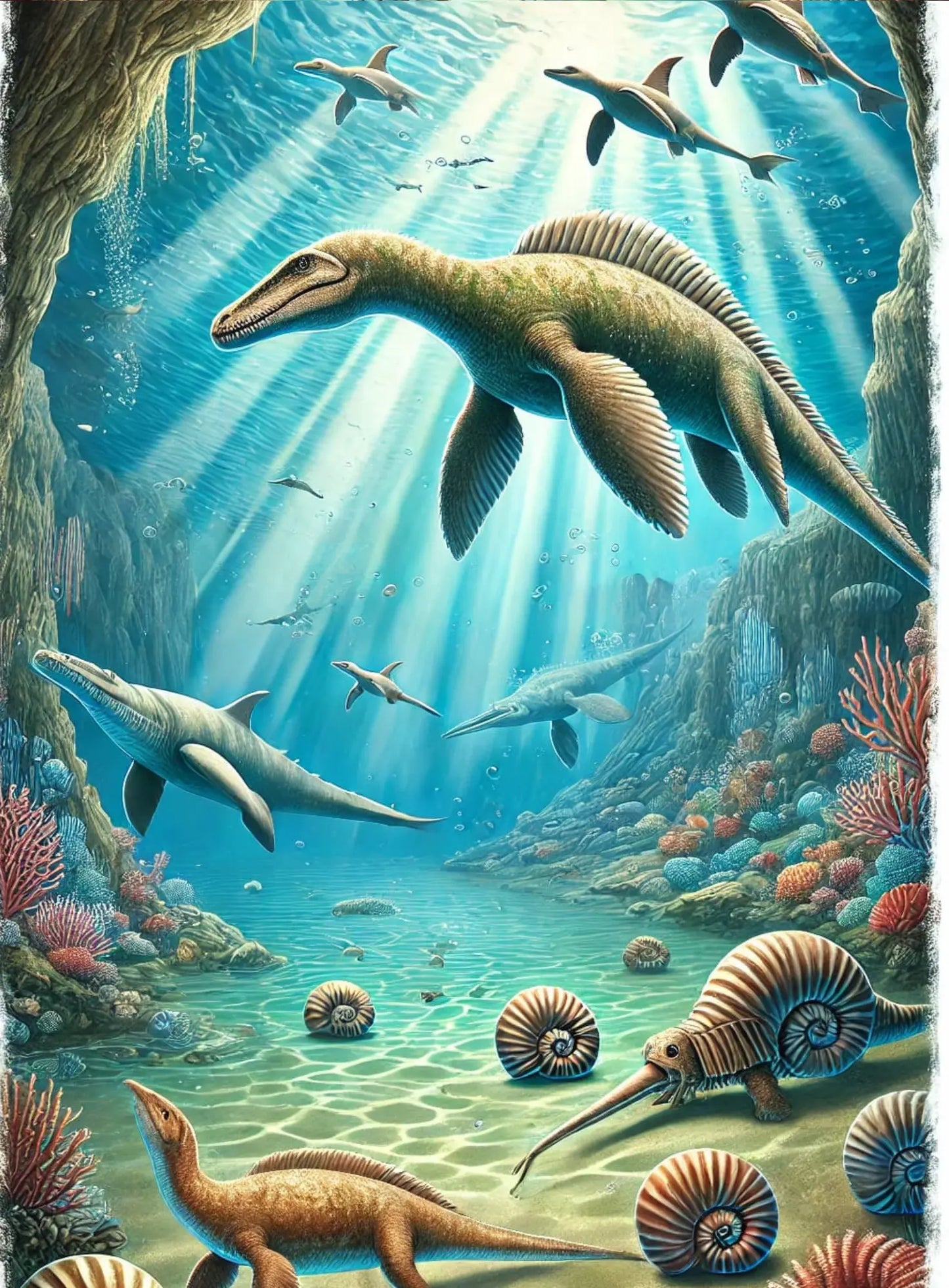 Unterwasserszene mit Dinosauriern, Korallen und Fischen in türkisfarbenem Licht.