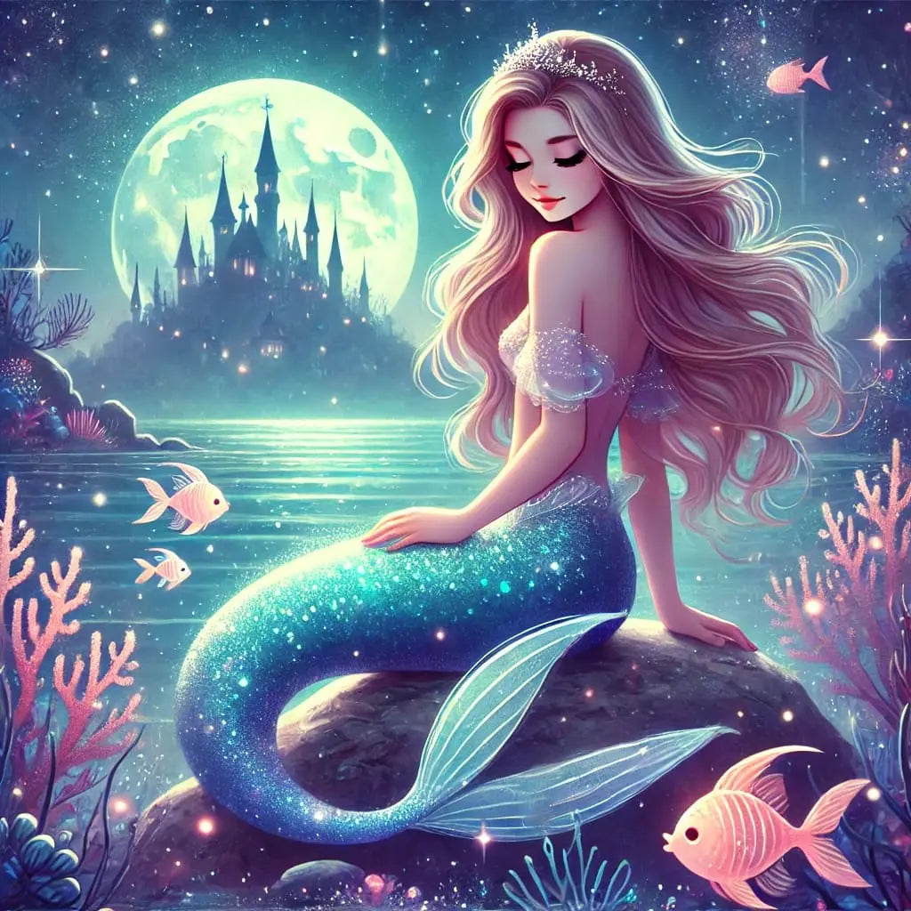 Eine elegante Meerjungfrau mit langen Haaren blickt verträumt über das Wasser – ein Schloss leuchtet im Hintergrund.