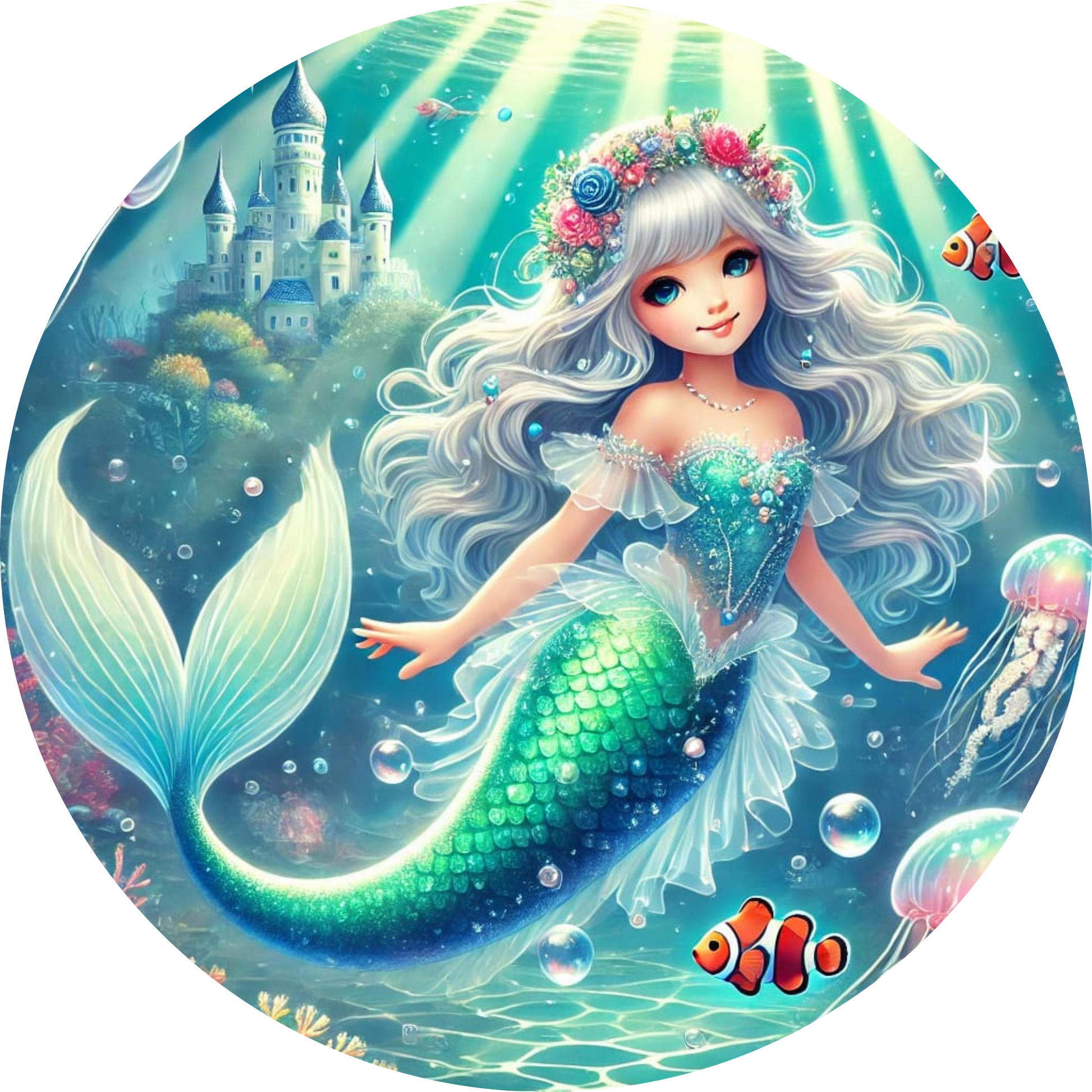 Meerjungfrau mit langen Haaren schwimmt neben bunten Fischen unter Wasser
