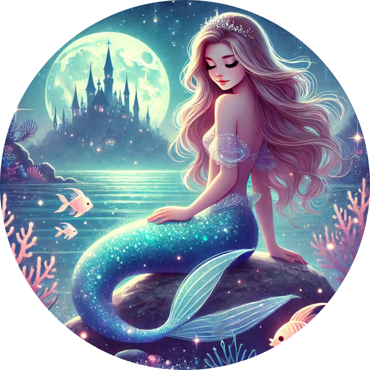 Meerjungfrau mit wallendem Haar sitzt auf einem Felsen im Meer
