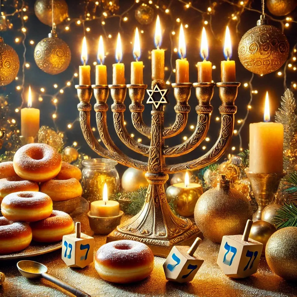 Traditionelle Chanukka-Szene mit Menora und Donuts auf festlichem Tisch