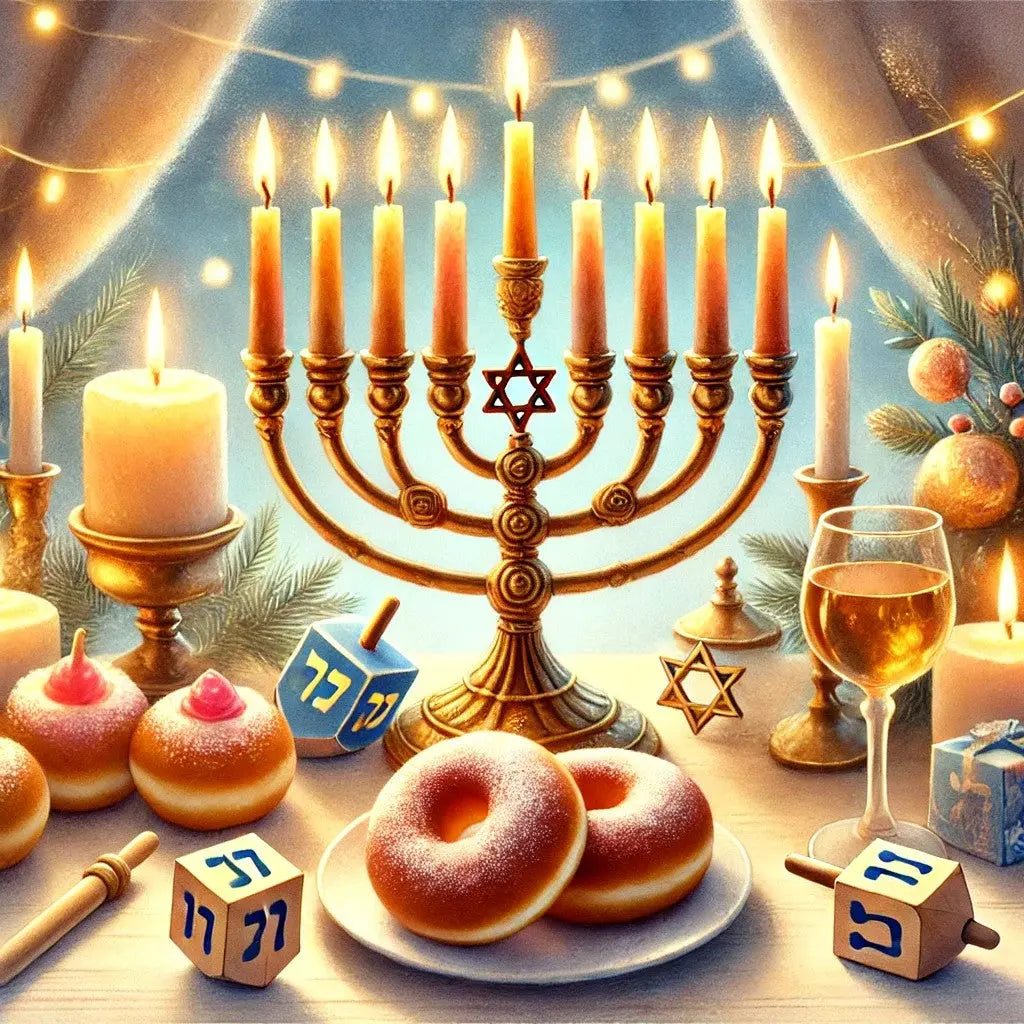 Chanukka-Feier mit Lichtern & Donuts – Gemütliches Chanukka-Fest mit goldener Menora, Dreidel, Kerzenlicht und Donuts auf gedecktem Tisch.