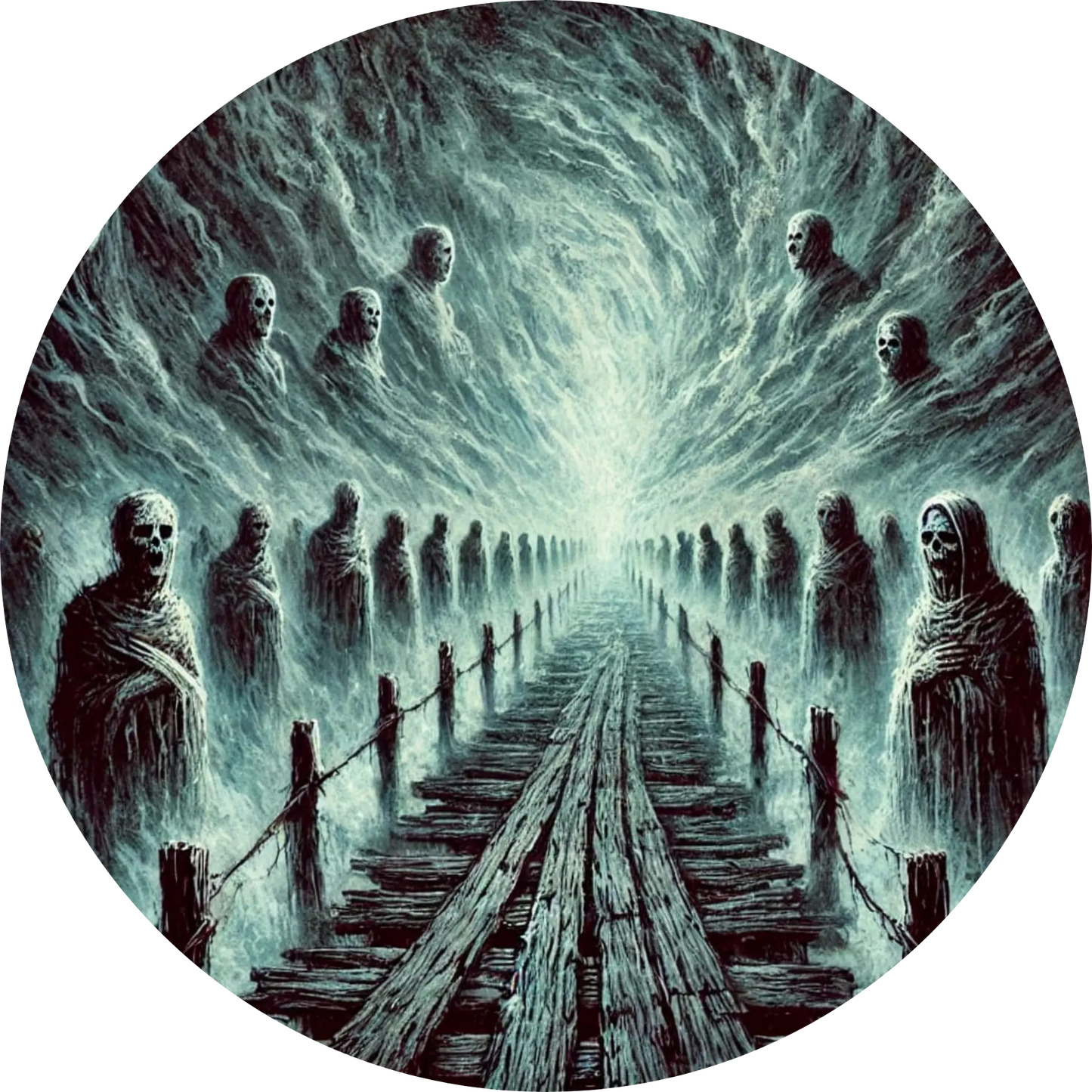 Schattenhafte Menschenmenge bewegt sich durch einen tunnelartigen Wirbel