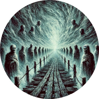 Schattenhafte Menschenmenge bewegt sich durch einen tunnelartigen Wirbel