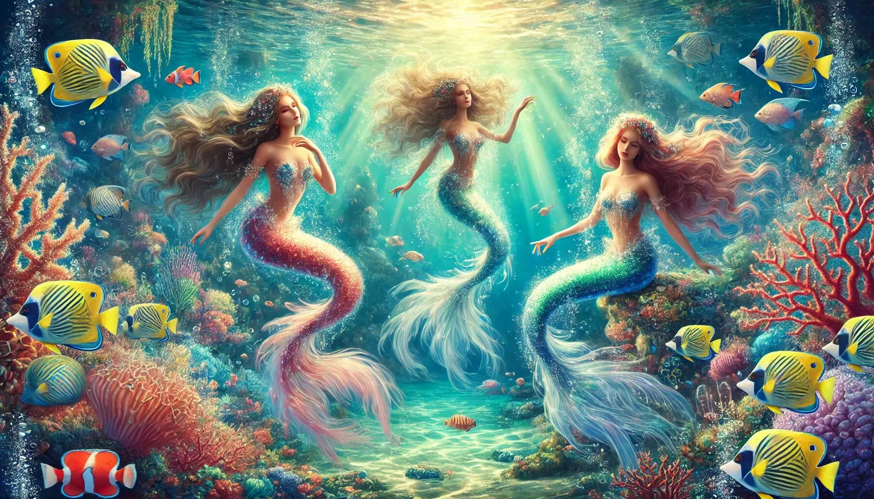 Drei Meerjungfrauen in bunter, tropischer Unterwasserwelt mit Korallen und Fischschwärmen