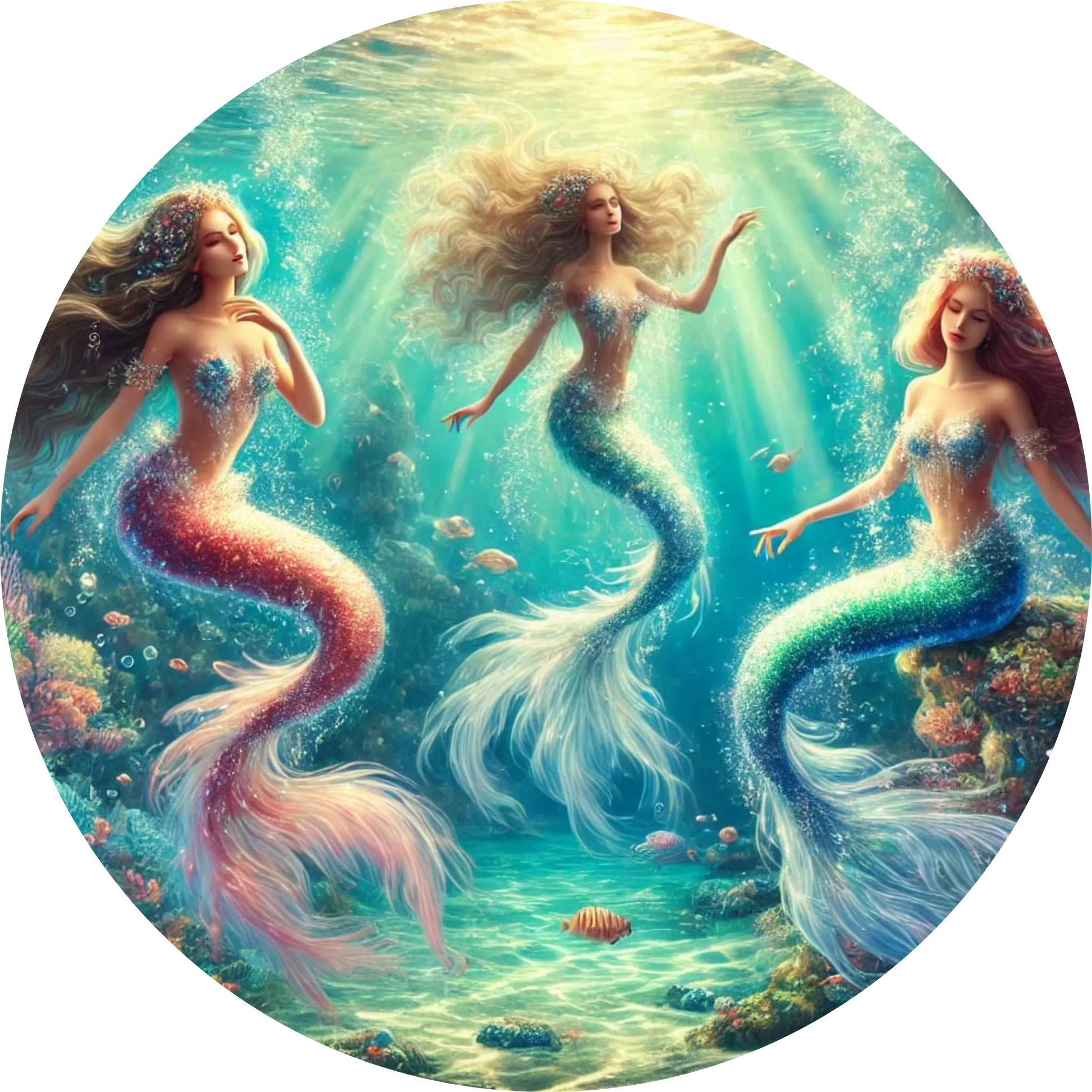 Drei Meerjungfrauen in funkelnder Unterwasserwelt mit Korallen