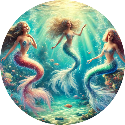 Drei Meerjungfrauen in funkelnder Unterwasserwelt mit Korallen
