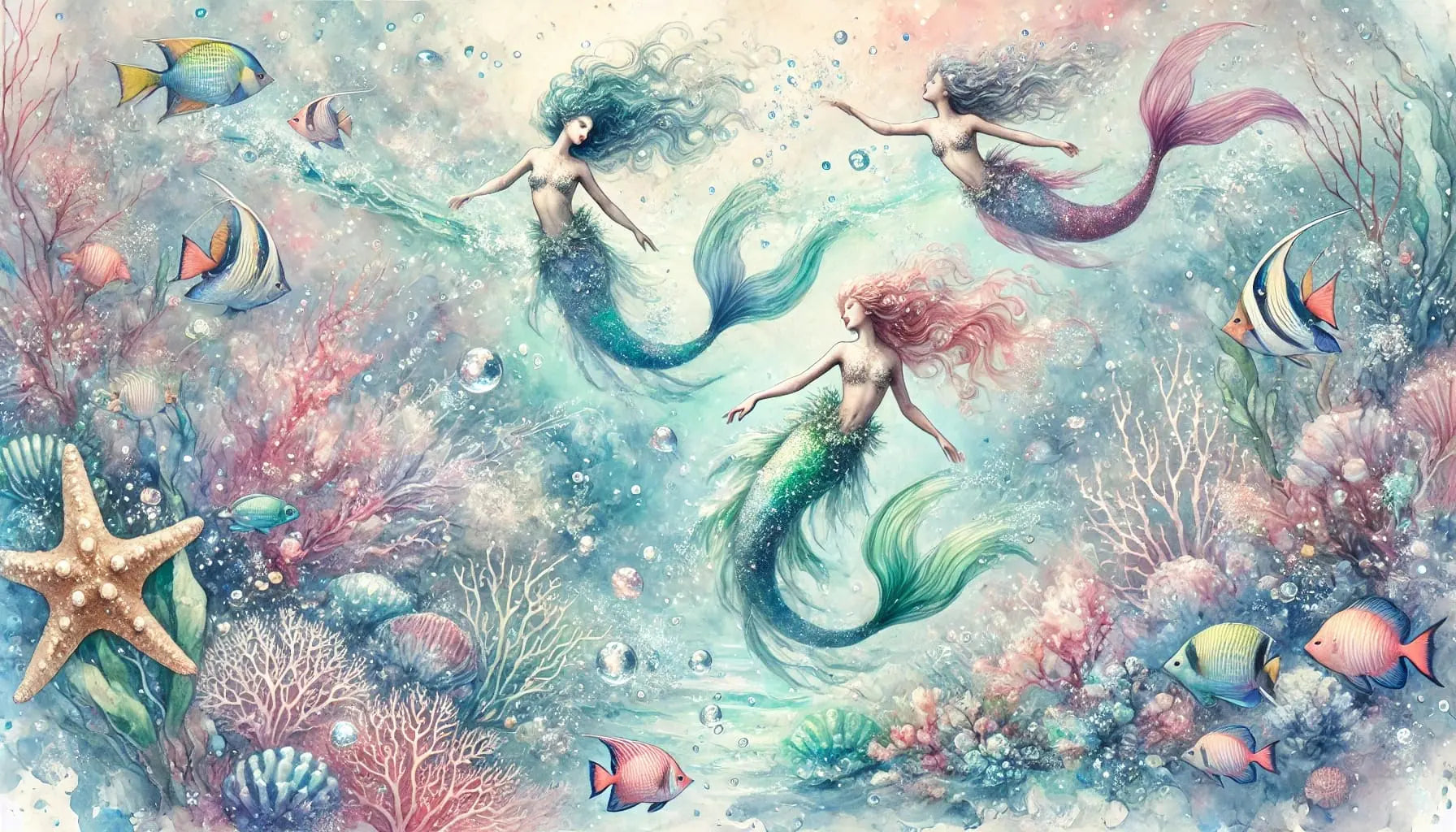 Drei Meerjungfrauen im Aquarellstil, pastellig und sanft mit schwebenden Bewegungen